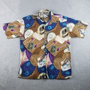 Vintage Burma Bibas Camp Shirt Mens XL Brown Blue Abstract Art